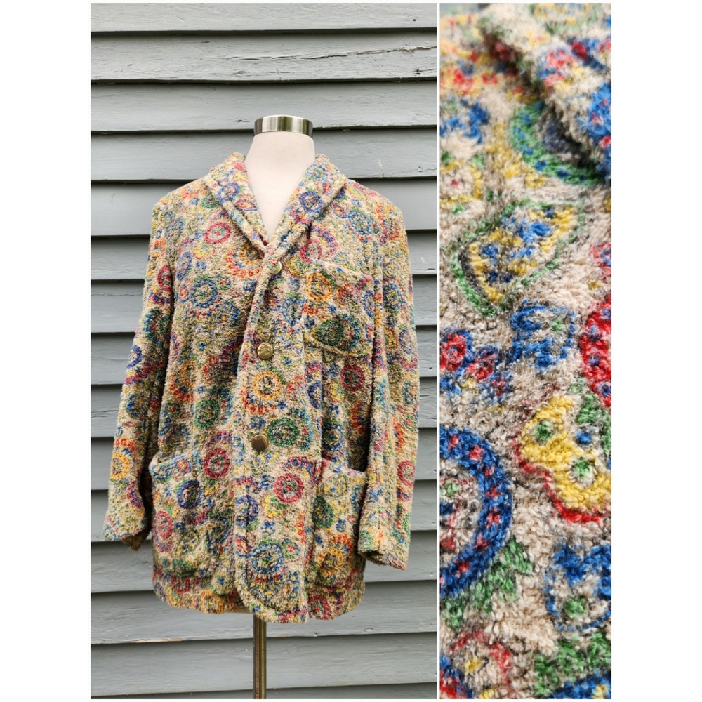 Vintage 70s Shaggy Blazer Multi-Color Terry Cloth Paisley Floral Vintage Small